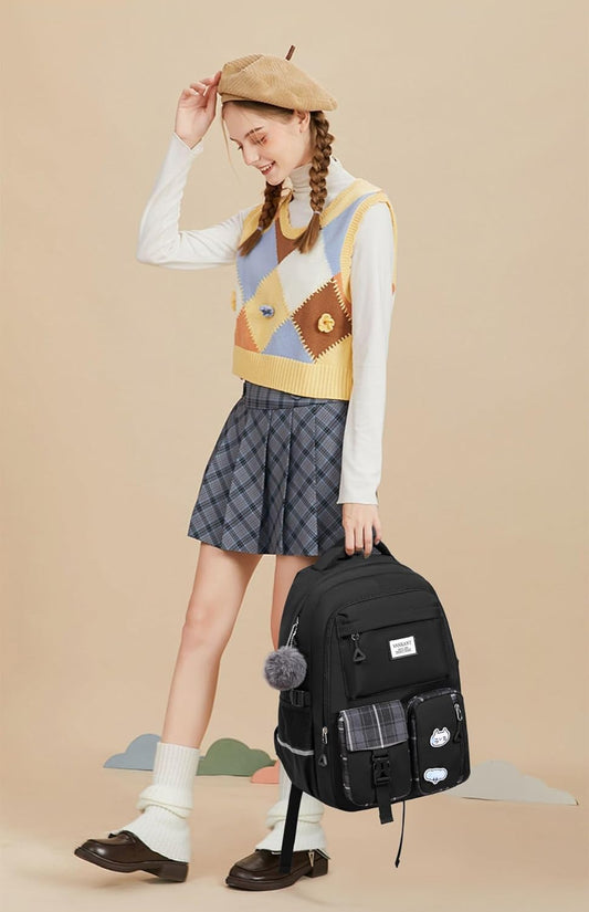 VANKANY School Backpack for Teen Girls, College Women Student Laptop Backpack Aesthetic Bookbags for Elementary Middle High School Travel Sac a Dos Femme, Black - PuriLite