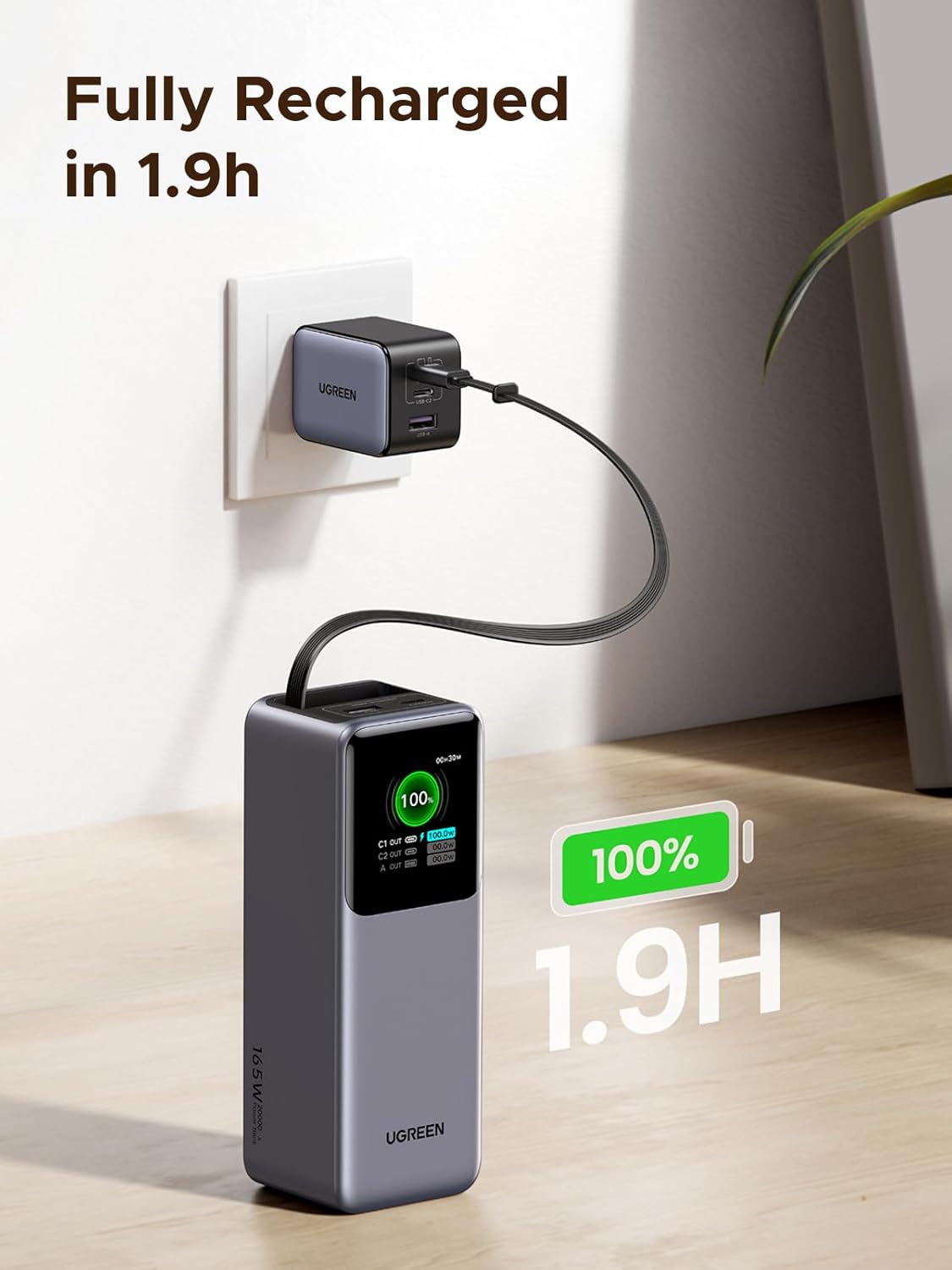 UGREEN 20,000mAh Laptop Power Bank for MacBook, Built-in and 100W Retractable Cables, 165W Portable Charger for Multi-Device Charging, Smart Digital Display, for iPhone 16/15 Series, Samsung, and More