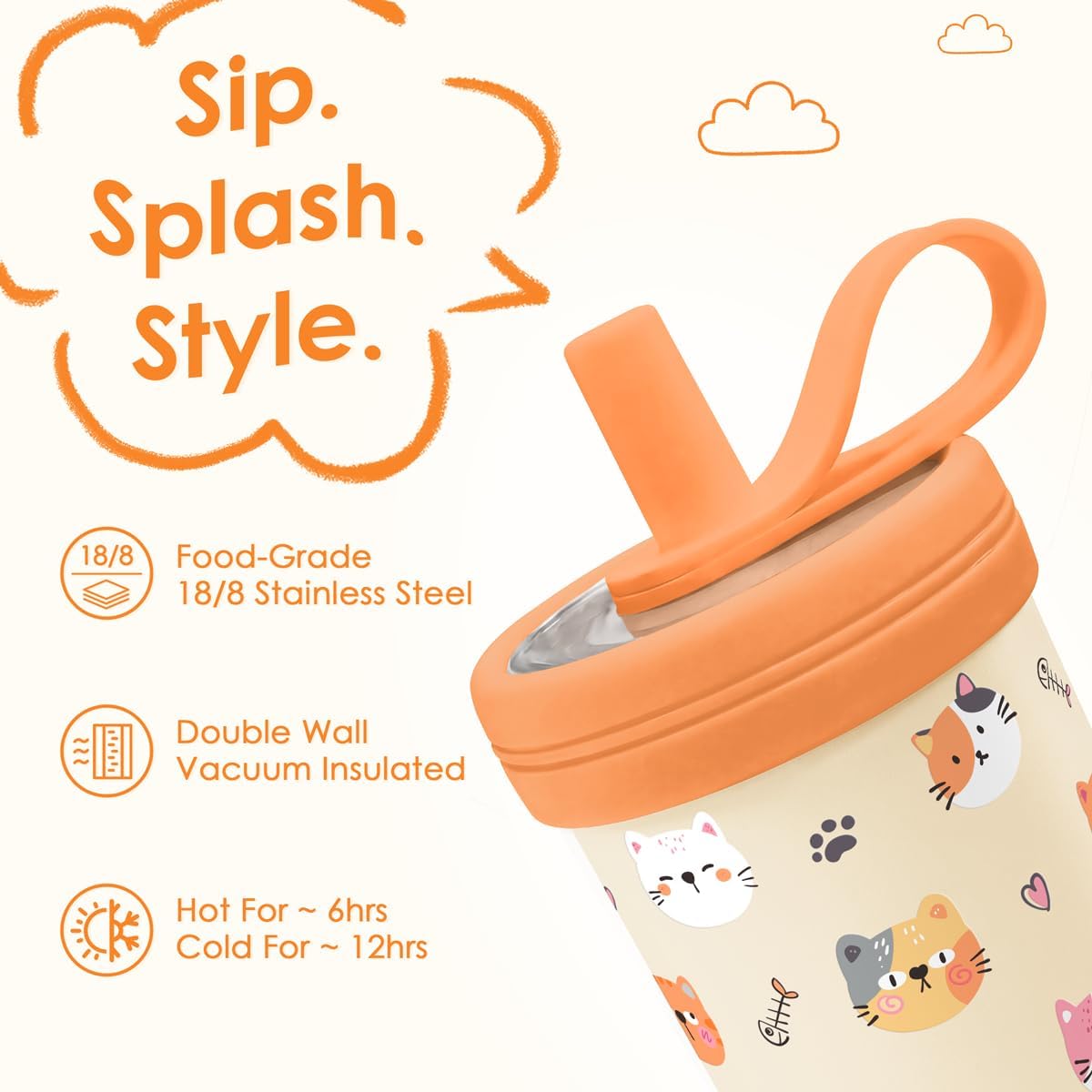 Kids Stainless Steel Tumbler with Silicone Straw 14oz, Cat Insulated Drinking Cup for Children, Girls, Boys for Back to School, Birthday