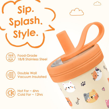 Kids Stainless Steel Tumbler with Silicone Straw 14oz, Cat Insulated Drinking Cup for Children, Girls, Boys for Back to School, Birthday