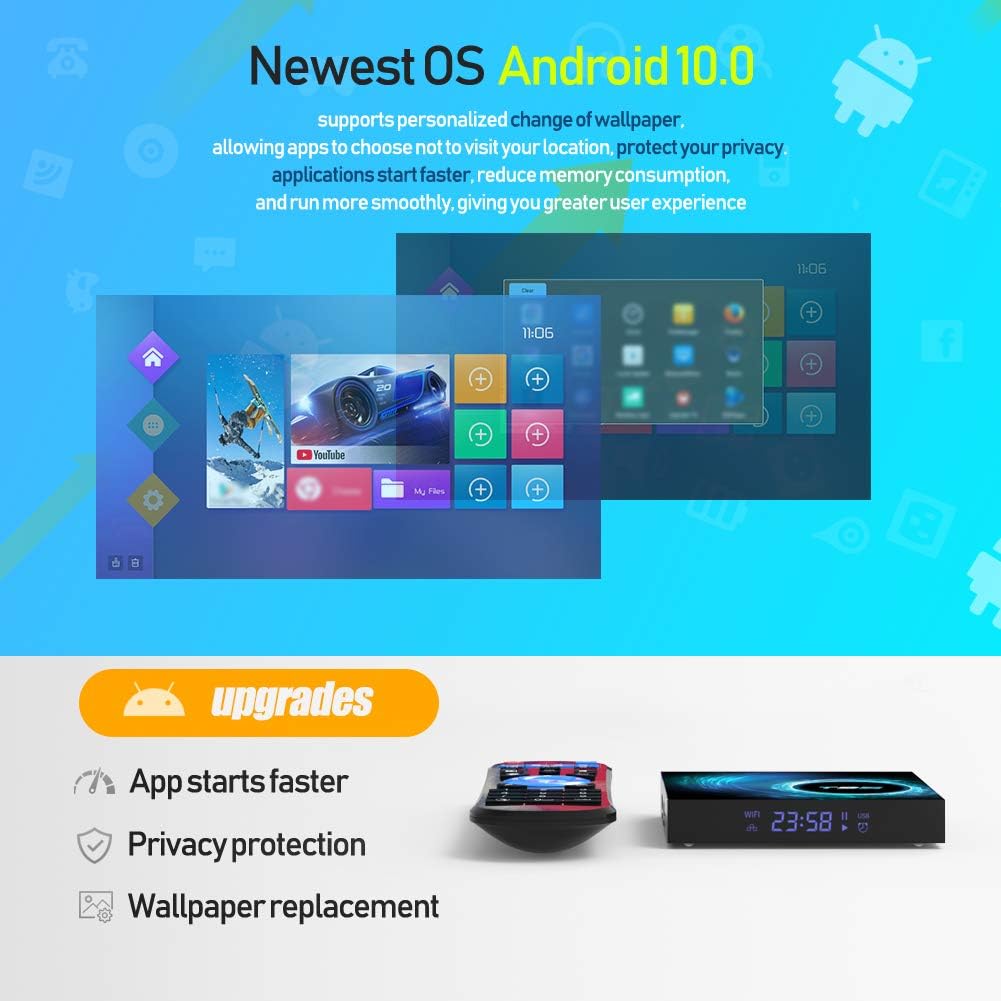 Android Box 10.0,Sidiwen Android TV Box 10.0 4GB RAM 32GB ROM Quad-core Cortex-A53 with WiFi 2.4G/5G Bluetooth 5.0 Support Ethernet 10M/100M