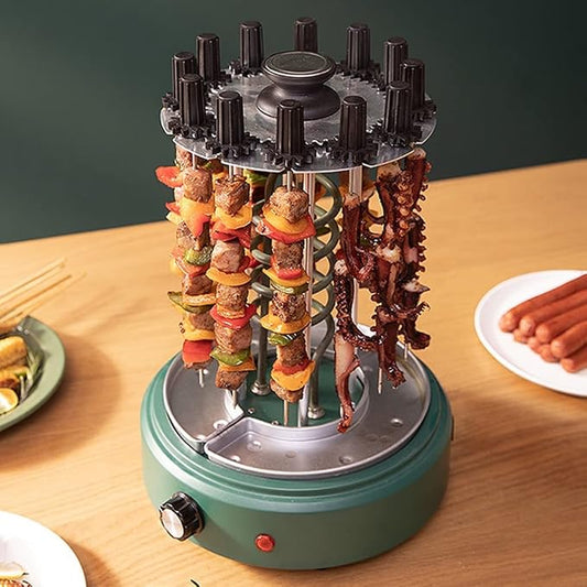 Electric Smokeless Grill with 12 Skewers and 360 Automatic Rotation - Modern Stainless Steel Design for Indoor Cooking
