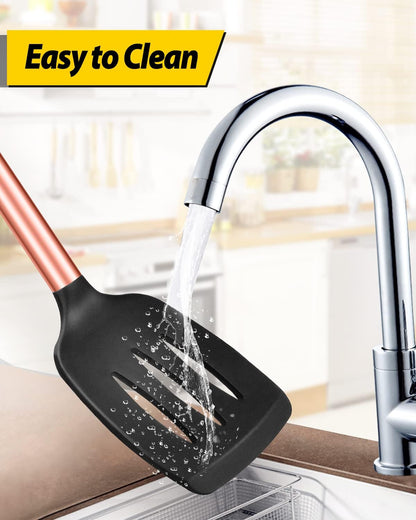 Pack of 2 Silicone Slotted Spatula,Non Stick Solid Kitchen Turner, High Heat Resistant BPA Free Cooking Utensils for Fish, Eggs, Pancakes（Black