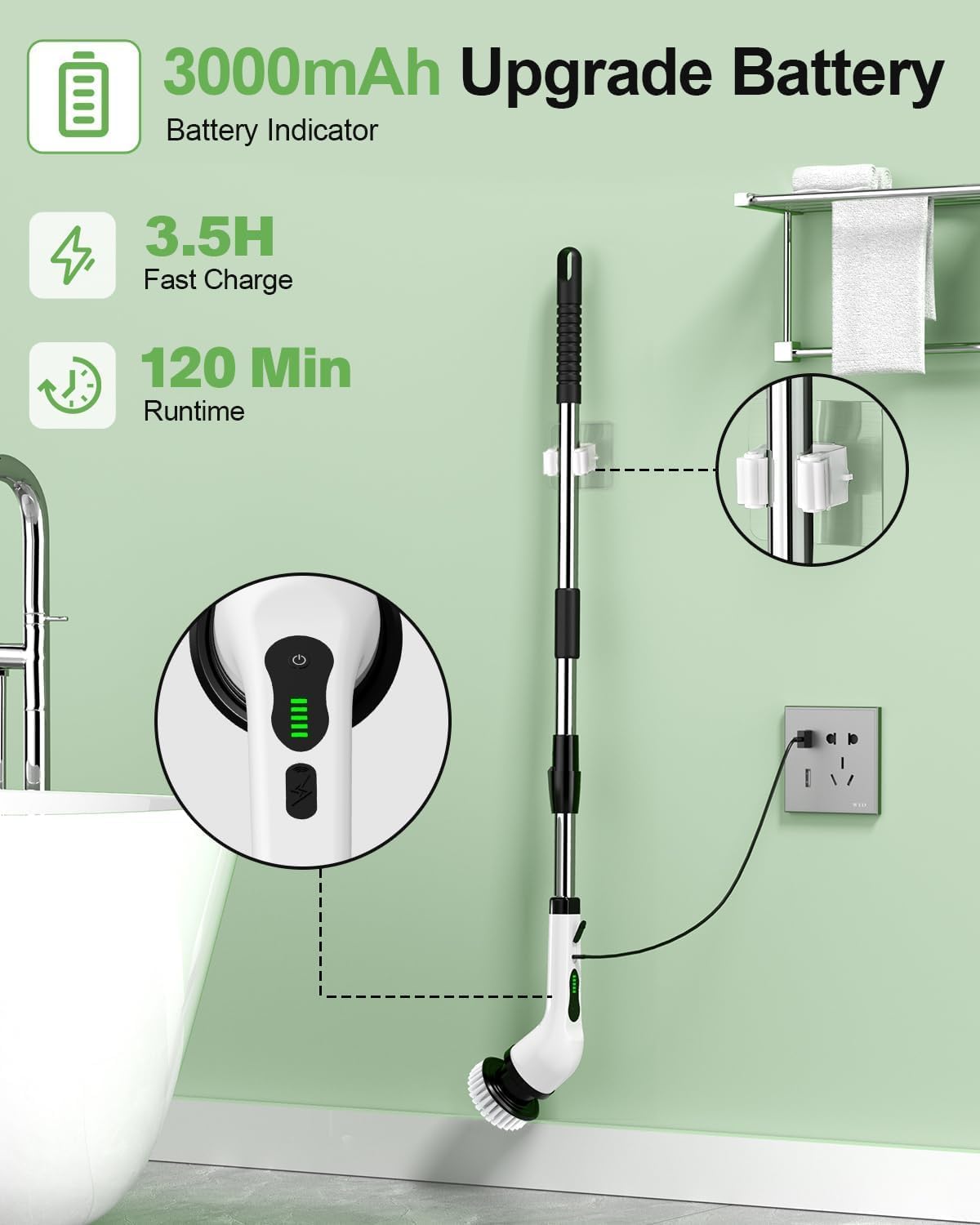 Electric Spin Scrubber, Cordless Kitchen Brushes, Bathroom Shower Cleaner with 9 Brush Heads, 2H Power Dual Speed, Adjustable Extension Handle, IPX7 Waterproof for Cleaning Brush
