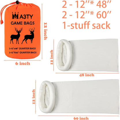 Game Bags Deer & Elk, 4 Pack Big Hunting Meat Bag, Reusable Rolled Breathable Quarter Bags for Caribou, Moose, Heavy Duty Hunting Accessories (48-Inch x2, 60-Inch x2)