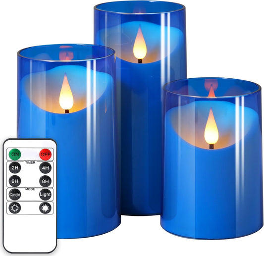 NURADA Flameless Candles: LED Pillar Candles - Acrylic Battery Candles with Remote and Timer for Wedding Party Valentine's Day Decor, Pack of 3 Blue