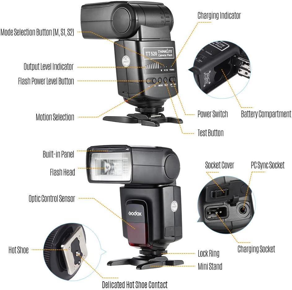 Godox TT520 II On-Camera Flash Electronic Speedlite + AT-16 2.4G Wireless Trigger Transmitter Guide Number 33 S1 S2 Modes Compatible with Canon Sony Nikon Fijifilm Olympus Cameras with Mi Hot Shoe