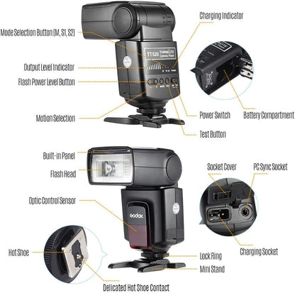 Godox TT520 II On-Camera Flash Electronic Speedlite + AT-16 2.4G Wireless Trigger Transmitter Guide Number 33 S1 S2 Modes Compatible with Canon Sony Nikon Fijifilm Olympus Cameras with Mi Hot Shoe
