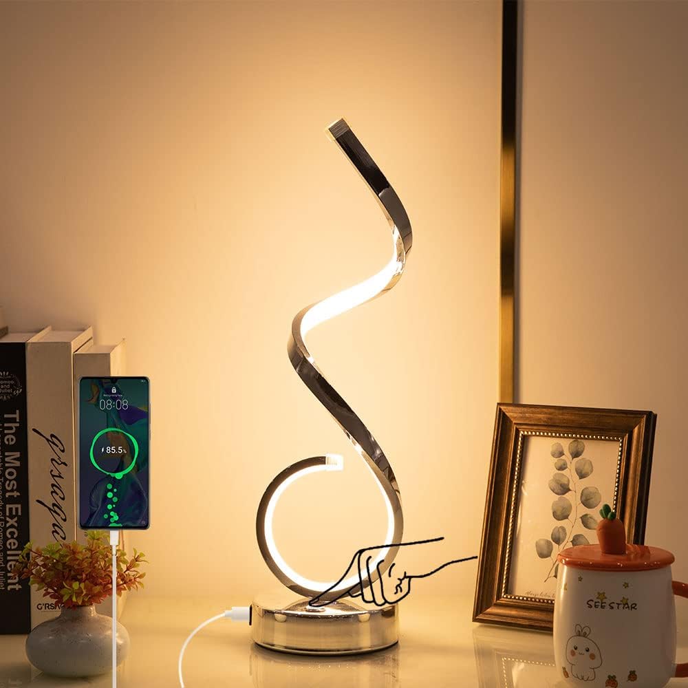 Modern Spiral LED Table Lamp with Touch Control | 22W Dimmable Desk Lamp with USB Charging for Bedroom, Living Room, Office - PuriLite