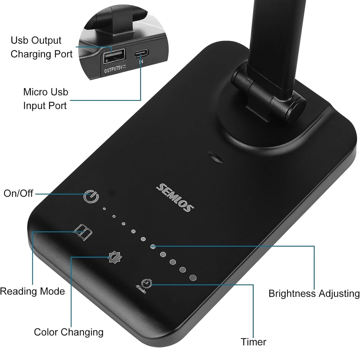 Semlos LED Desk Lamp for Home Office, Eye-Caring Table Light, 25 Lighting Modes, 45 Min Auto Timer, Touch Control, Dimmable, White