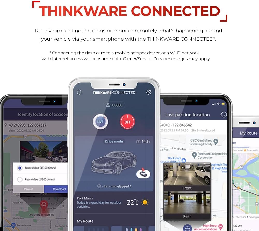 THINKWARE U3000 2CH 4K Front Dash Cam, 2K Rear Cam, STARVIS 2 Sensor Super Night Vision, Car Camera 5GHZ Wi-Fi GPS Radar Buffered Parking Mode CPL Filter Red Light Speed Camera Alerts OBD Cable