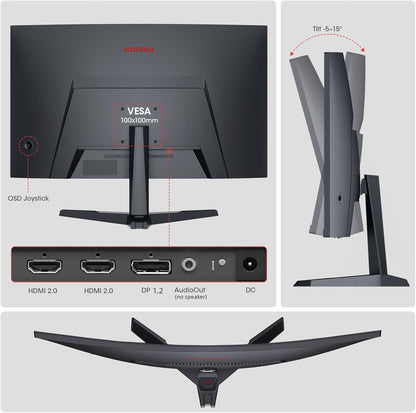 KOORUI Curved 27 Inch Gaming Monitor, Full HD 1080p R1500 180Hz VA Curved Monitors, 99% sRGB, Built-in AdaptiveSync, 1 x Display Port 1.2 & 2 x HDMI 2.0, Eye Care, VESA Compatible, Black 27E6CA - PuriLite