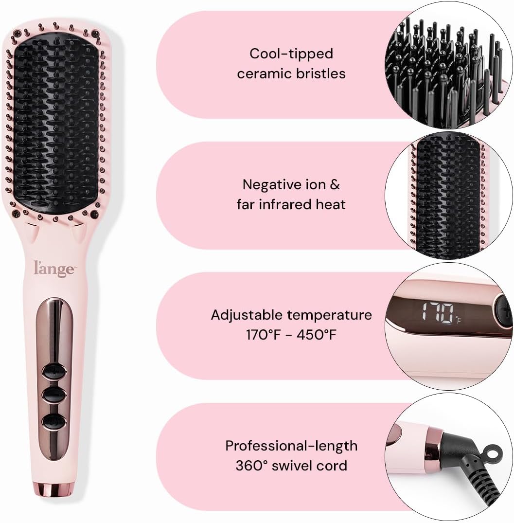 L'ANGE HAIR Le Vite Hair Straightener Brush | Heated Hair Straightening Brush Flat Iron for Smooth, Anti Frizz Hair | Dual-Voltage Electric Hair Brush Straightener | Hot Brush for Styling (Blush)