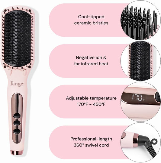 L'ANGE HAIR Le Vite Hair Straightener Brush | Heated Hair Straightening Brush Flat Iron for Smooth, Anti Frizz Hair | Dual-Voltage Electric Hair Brush Straightener | Hot Brush for Styling (Blush) - PuriLite