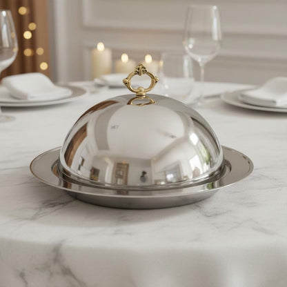 Stainless Steel Serving Platter with Lid High-End Cloche Serving Dome with Tray Decorative Handle Steak Plate Covered for Hotel, Restaurant, Buffet, Silver
