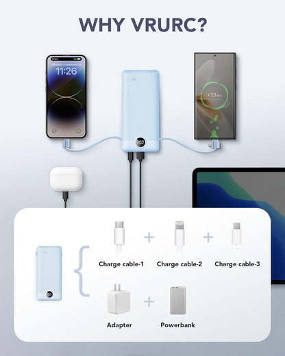Portable Charger Built-in Cables and AC Wall Plug, VRURC USB C Power Bank 10000mAh, [2025 Upgraded Version] Phone Charger Compact Lightweight External Battery Pack for Smart Phones,Navy Blue