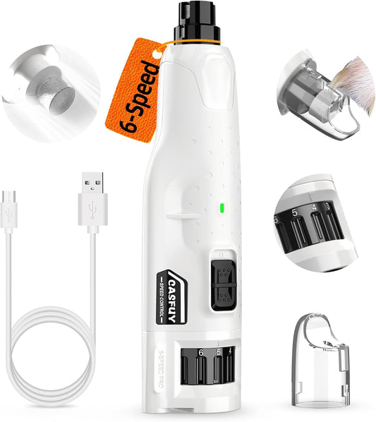 Casfuy Dog Nail Grinder Quiet - (45db) 6-Speed Pet Nail Grinder with 2 LED Lights for Large Medium Small Puppy Dogs/Cats, Professional 3 Ports Rechargeable Electric Dog Nail Trimmer with Dust Cap(W)