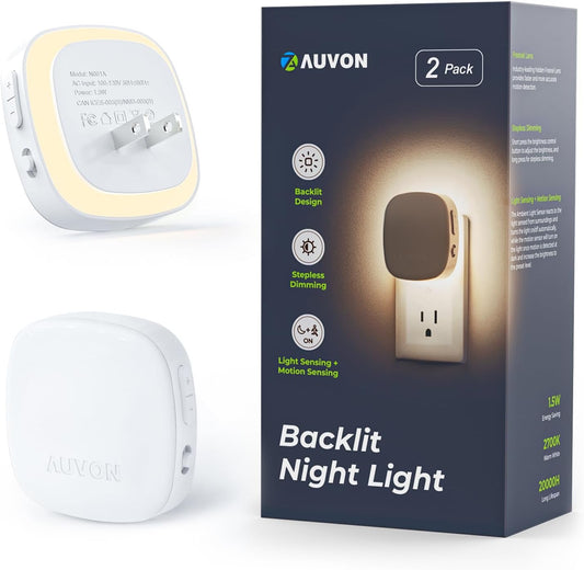 Plug-In LED Backlit Night Light with Motion Sensor and Dusk to Dawn Sensor, Dimmable Warm White Night Light 1–50 Lumens for Bedroom, Bathroom, Hallway and Stairs, 2 Pack - PuriLite