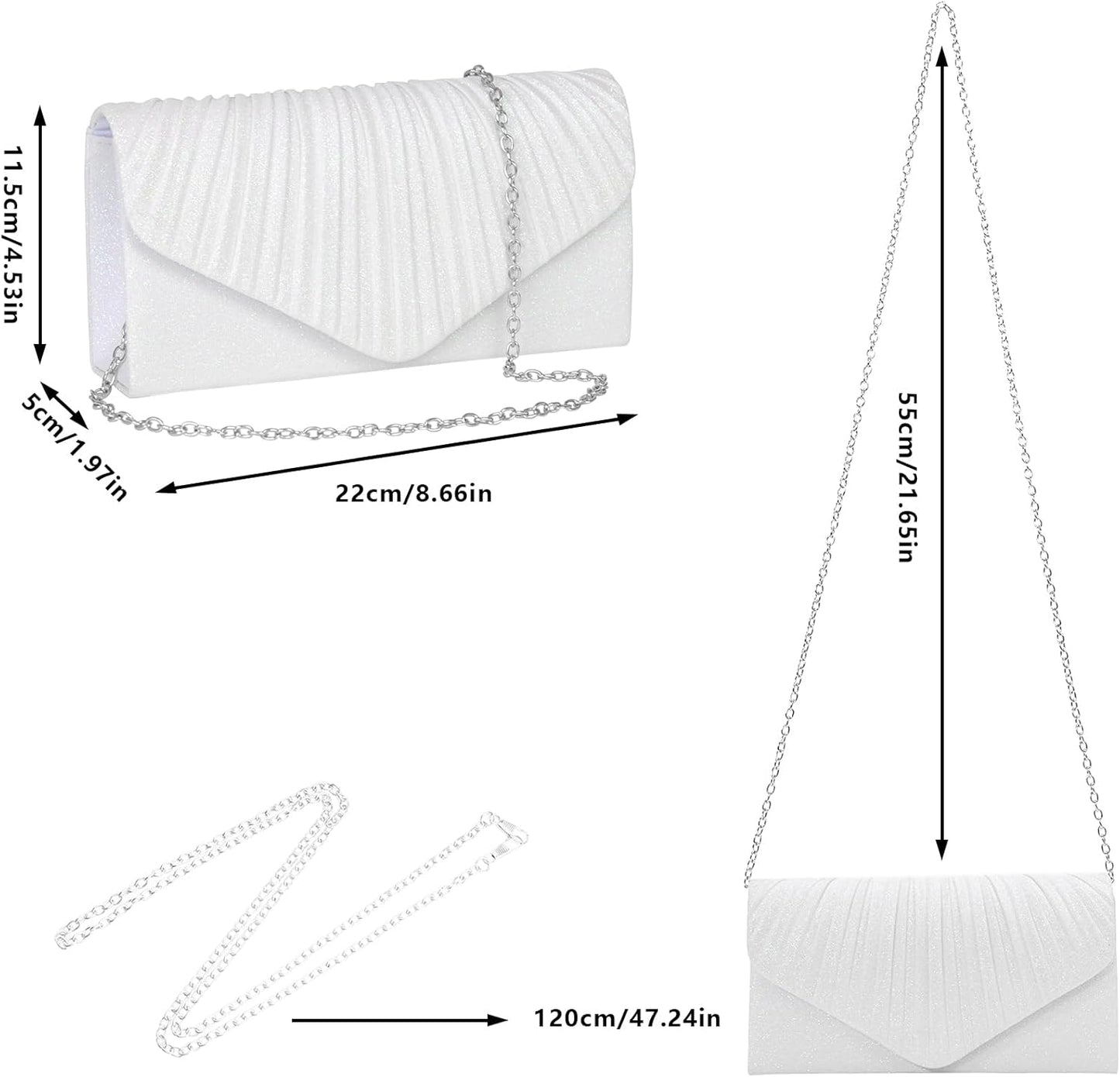 Larcenciel White Clutch Purse for Women, Elegant Pleated Evening Bags with Chain Strap, Sparkly Green Sequin Envelope Clutch Bag, Formal Shoulder Handbag for Wedding, Party, Prom, Cocktail, Date Night