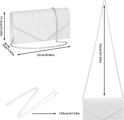 Larcenciel White Clutch Purse for Women, Elegant Pleated Evening Bags with Chain Strap, Sparkly Green Sequin Envelope Clutch Bag, Formal Shoulder Handbag for Wedding, Party, Prom, Cocktail, Date Night