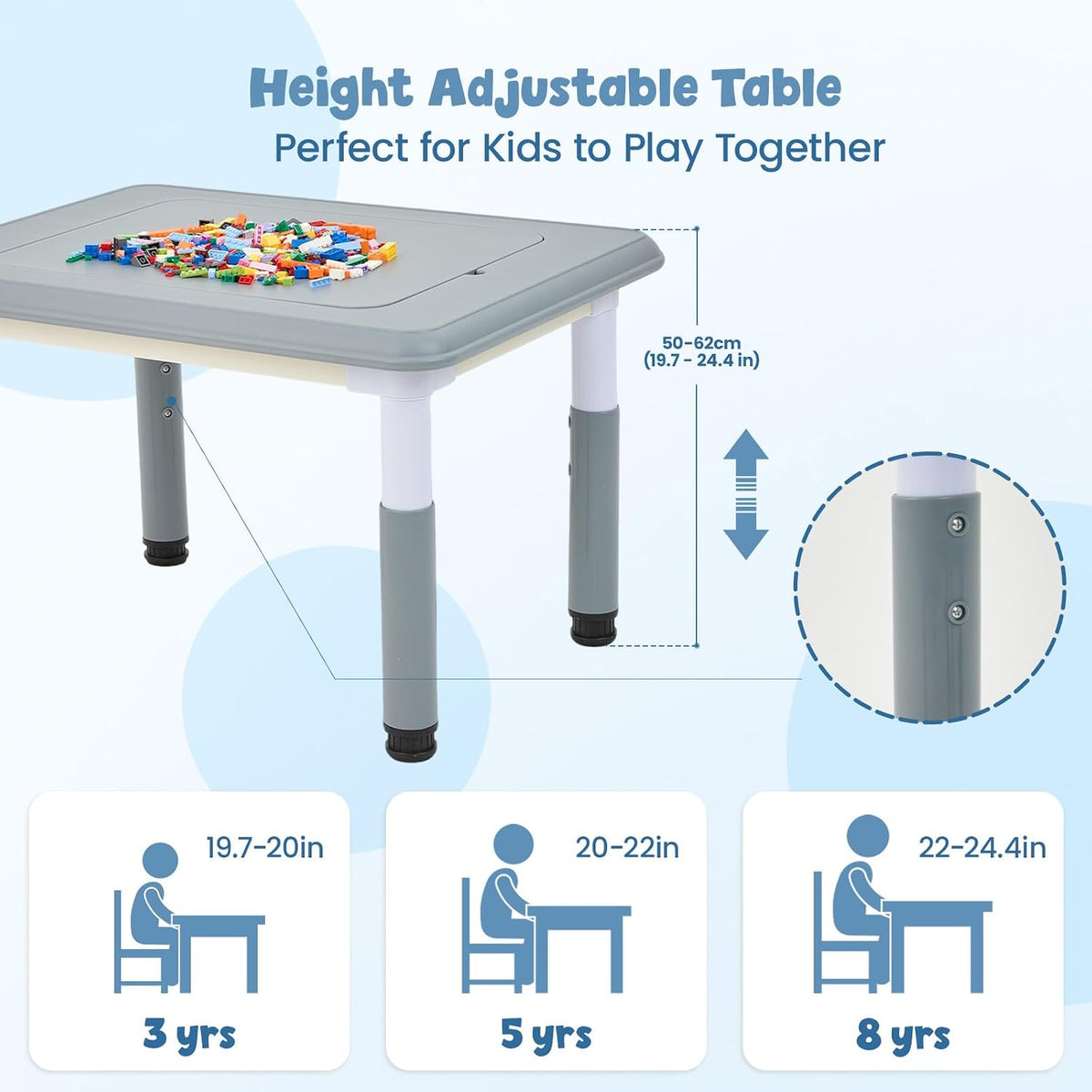 FUNLIO Kids Activity Table, Height Adjustable with Storage, Grey