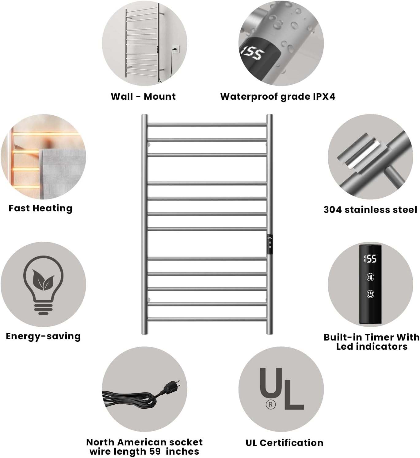 POPFLY Heated Towel Rack, Wall Mounted Electric Hot Towel Warmer, 4-Bar 304 Stainless Steel Small Heated Towel Warmer Rack for Bathroom with Timer and Temperature Control, Brushed