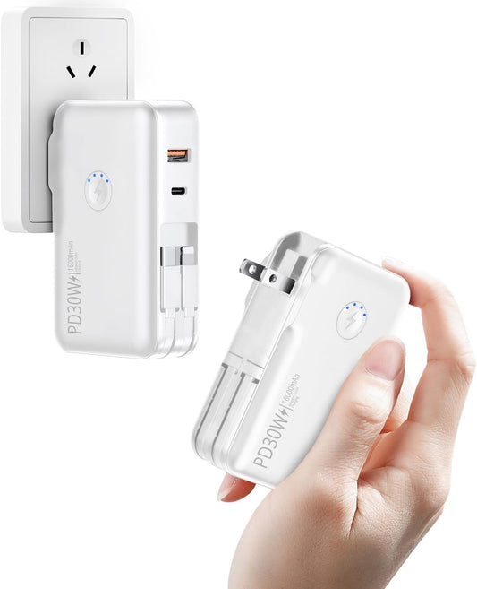 Portable Charger Power Bank 16000mAh Power Bank Built-in AC Wall Plug and Cables, PD 30W and QC4.0 Fast Charger for Most Electronic Devices (White)