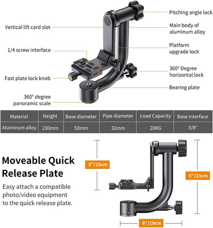 K&F Concept Professional Gimbal Head Heavy Duty Metal 360 Degree Panoramic Tripod Head with Standard 1/4'' Quick Release Plate and Bubble Level for Digital SLR Cameras Up to 20KG/44LBS