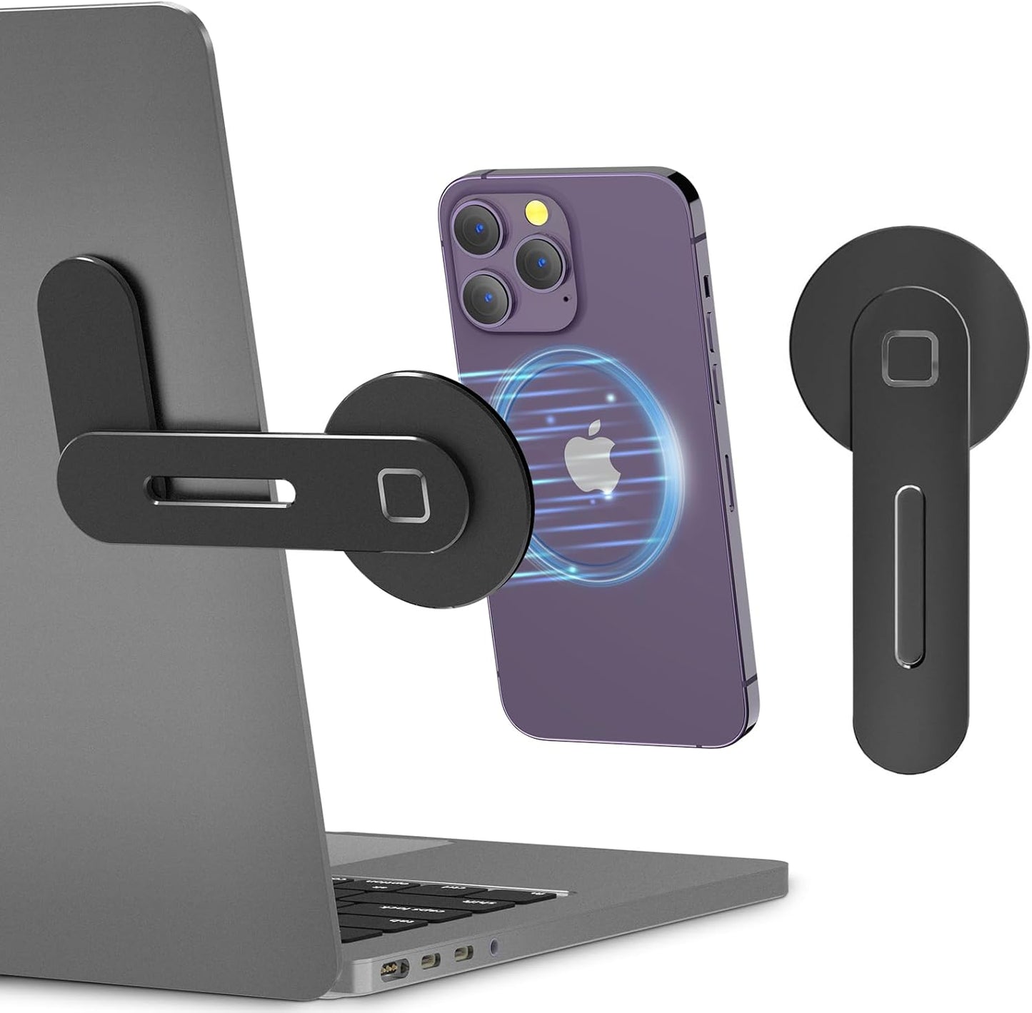 Adjustable Laptop Side Stand with Magnetic Phone Holder, Aluminum Slim Mount Clip for iPhone MagSafe & All Phones – Portable Foldable Computer Expansion Bracket, Black - PuriLite