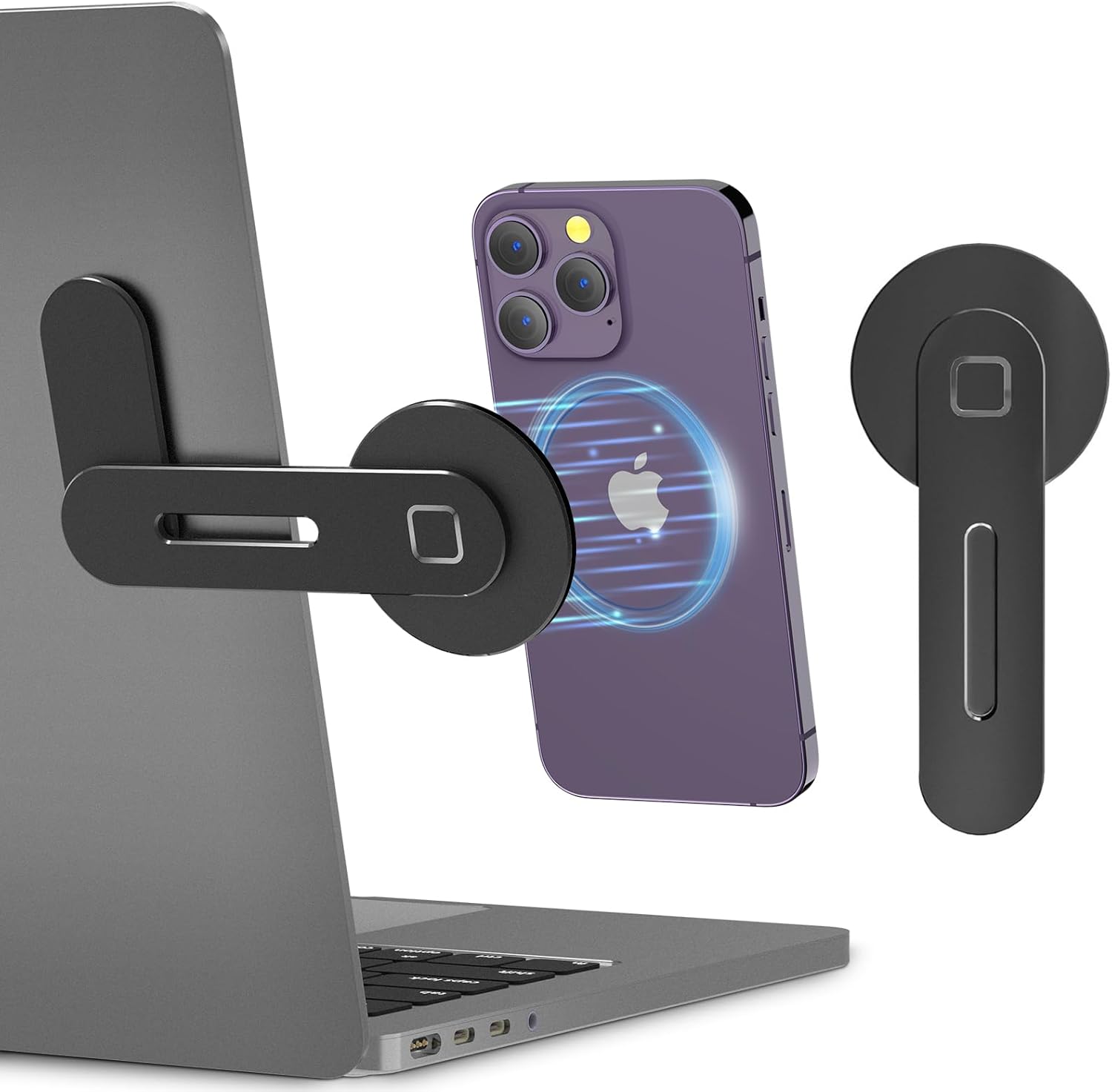 Adjustable Laptop Side Stand with Magnetic Phone Holder, Aluminum Slim Mount Clip for iPhone MagSafe & All Phones – Portable Foldable Computer Expansion Bracket, Black - PuriLite