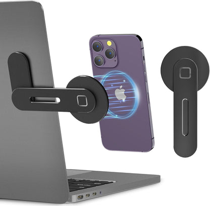 Adjustable Laptop Side Stand with Magnetic Phone Holder, Aluminum Slim Mount Clip for iPhone MagSafe & All Phones – Portable Foldable Computer Expansion Bracket, Black - PuriLite