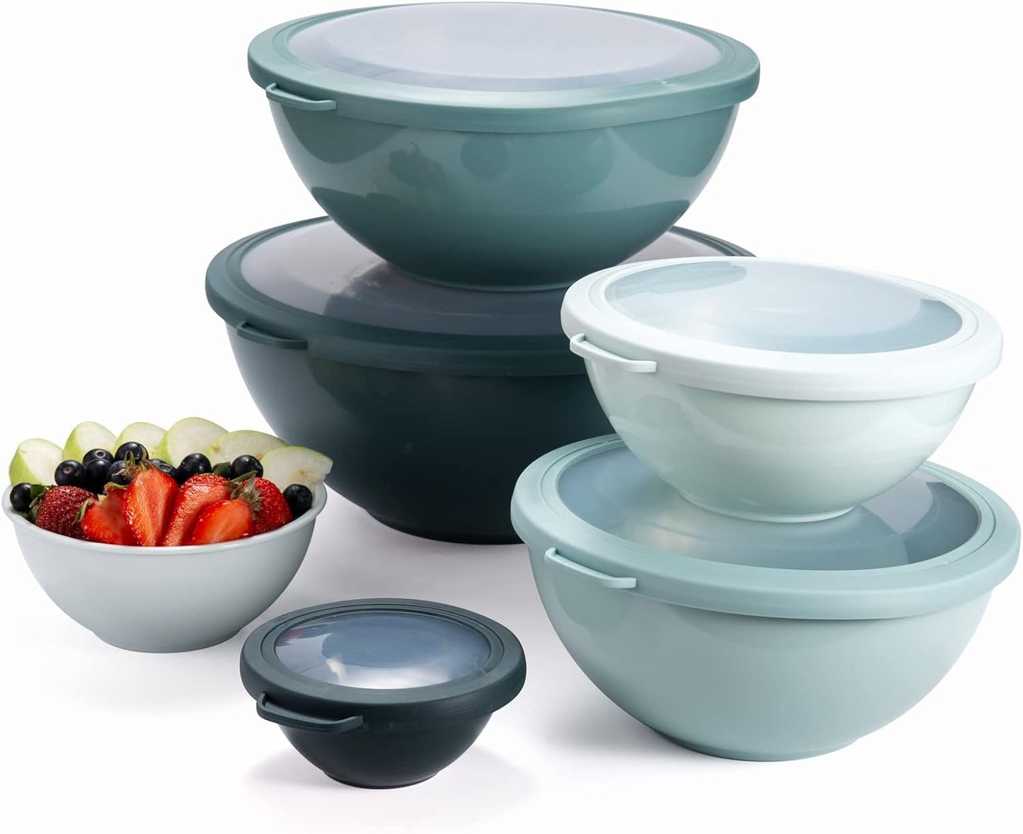 COOK WITH COLOR Mixing Bowls with TPR Lids - 12 Piece Plastic Nesting Bowls Set Includes 6 Prep Bowls and 6 Lids, Microwave Safe Mixing Bowl Set (Green)