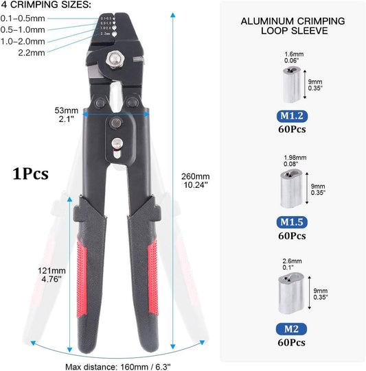Glarks Up to 2.2mm Wire Rope Crimping Tool Wire Rope Swager Crimper Fishing Crimping Tool with 180Pcs 1.2/1.5/2mm Aluminum Double Barrel Ferrule Crimping Loop Sleeve Kit