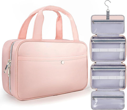 Chakipee Travel Hanging Toiletry Bag for Women - Waterproof Toiletries Bag Cosmetic Organizer Lightweight Bathroom with Clear Window for Essentials, Makeup, Shampoo Pink Medium