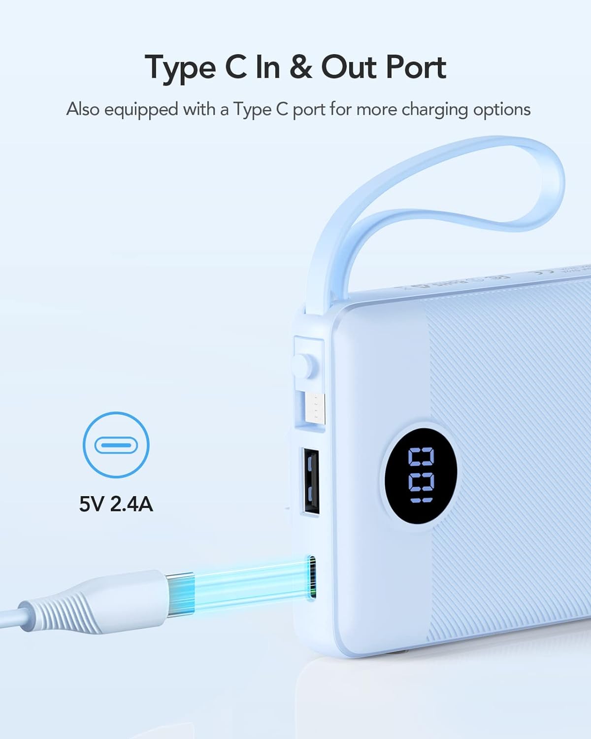 VRURC 10000mAh Power Bank Built-in Cables, Portable Charger with LED Display, Slim Intelligent Travel Battery Pack with Cords, 5 Output Dual Input Phone Charger for Cell Phone Smart Devcies-Blue