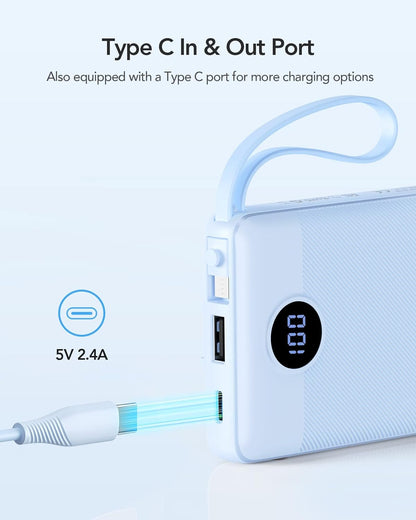 VRURC 10000mAh Power Bank Built-in Cables, Portable Charger with LED Display, Slim Intelligent Travel Battery Pack with Cords, 5 Output Dual Input Phone Charger for Cell Phone Smart Devcies-Blue