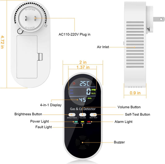 5-in-1 Carbon Monoxide and Natural Gas Detector with Voice & Light Alarm, Plug-In and Battery Backup, Temperature & Humidity Monitor for Home, RV, and Travel
