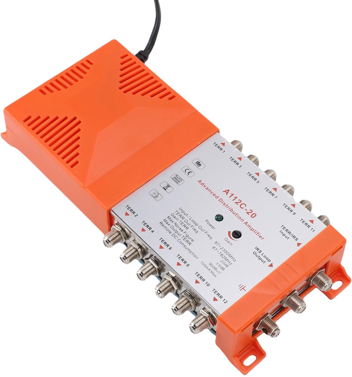 12 Channel Distribution Amplifier for TV CATV, Low Noise Figure ≤4dB, Seamless Connection to Multiple Televisions, Remote Powering, Compact Design, RED Compliant, (US Plug 110-120V)