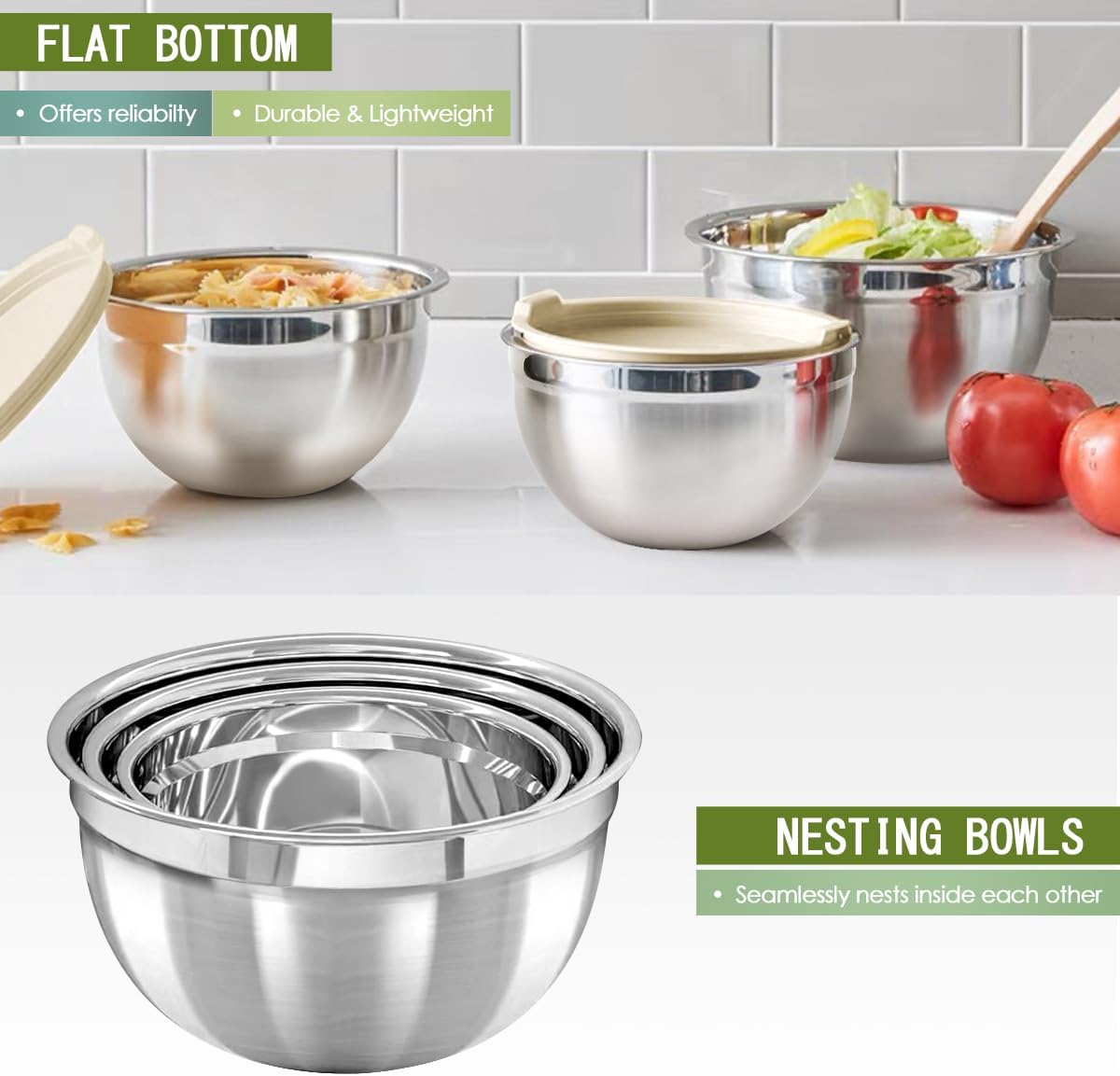 JUJOJB Mixing Bowls With Lids Set,Stainless Steel Mixing Bowls Set With 3 Grater,Metal Nesting Bowls For Kitchen Baking Refrigerator Meal Prep Food Storage Organizer,7 Size(Khaki)