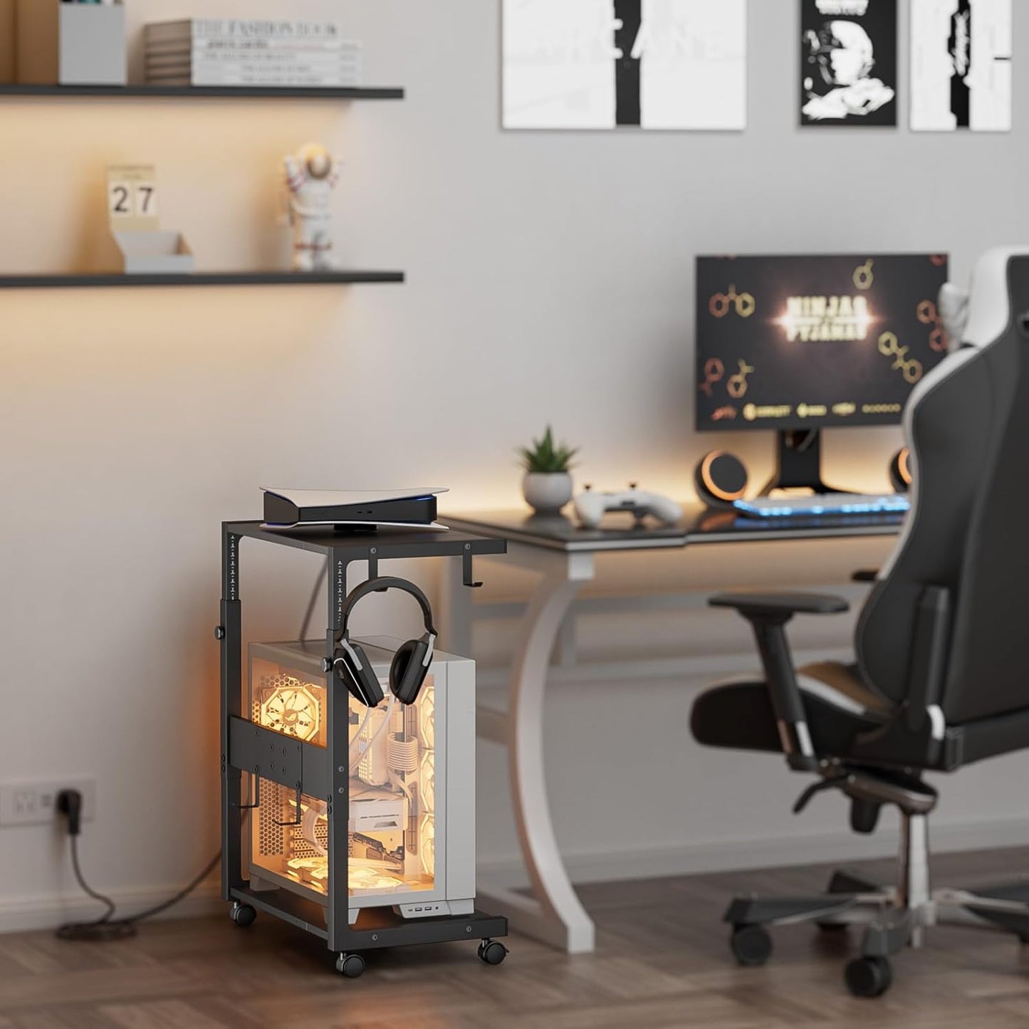 JANE EYRE - Adjustable Computer Tower Stand - CPU Stand with Charging Station for Office, Home, Classroom, 23-28.3 Inches Tall, Black