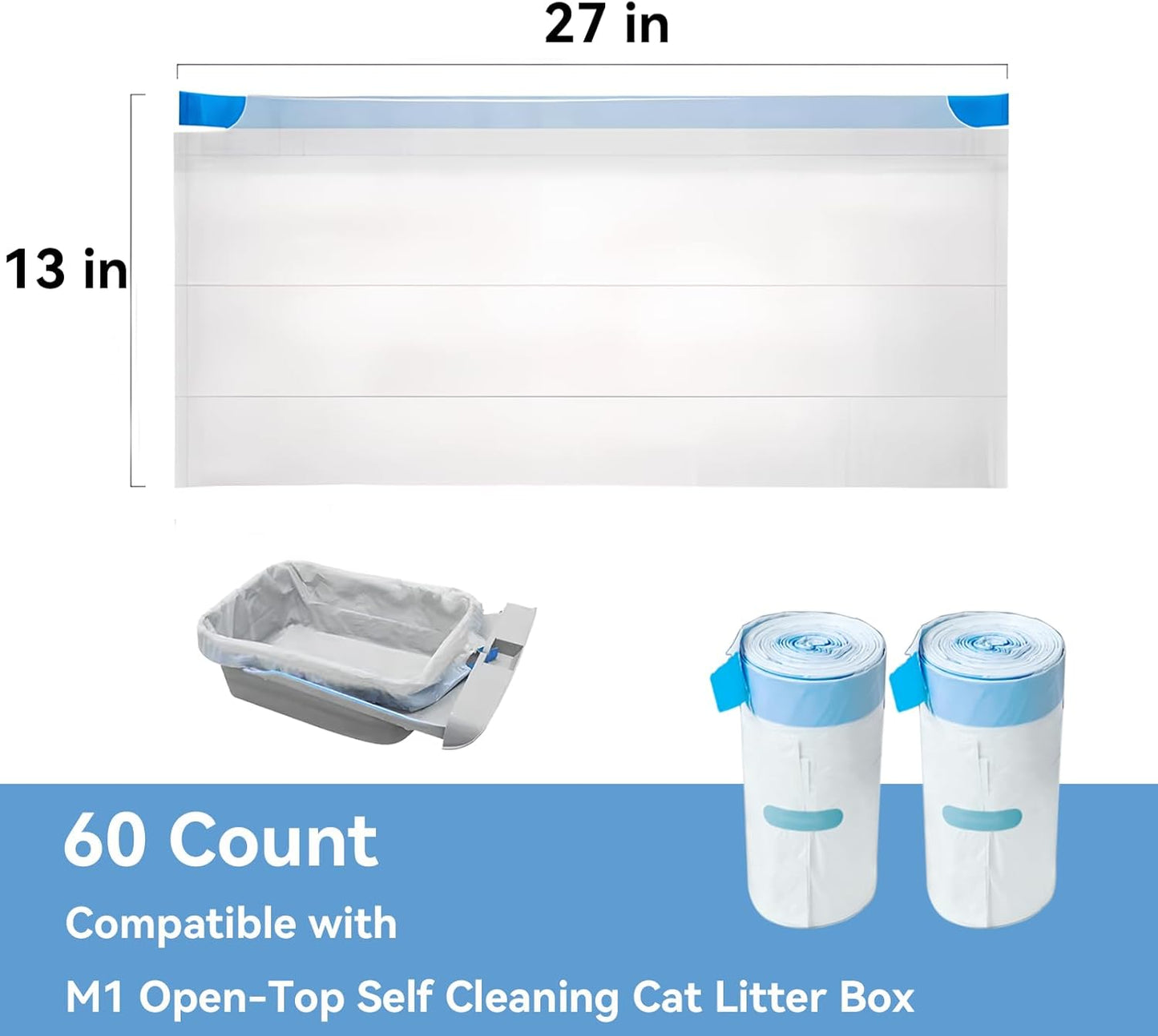 60 Count Heavy Duty Cat Litter Box Bags - Compatible with Neakasa M1 and PetPivot AutoScooper 11 Open-Top Self-Cleaning Litter Box,3 Mil Thickness,Leak-Proof Drawstring Trash Bags,27" x 13"