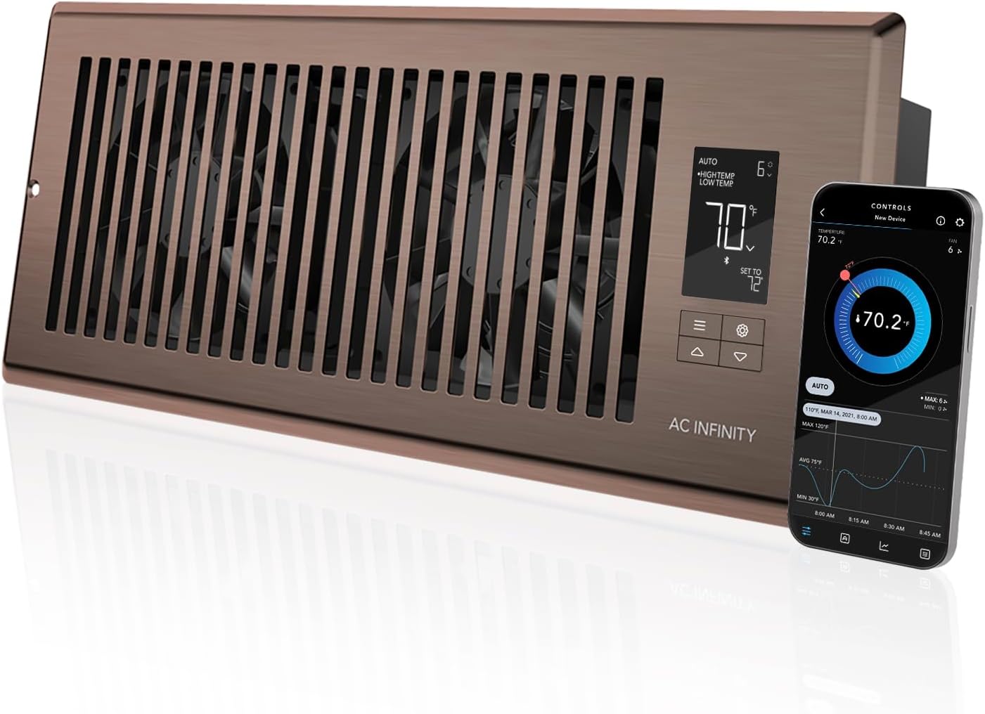 AC INFINITY AIRTAP T4, Quiet Register Booster Fan with Thermostat Control. Brown Bronze Vent. Fits 4 In x 10 In Registers.