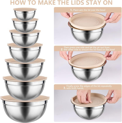 Mixing Bowls with Lids Set - 25 PCS Stainless Steel Nesting Khaki Mixing Bowls Set for Baking,Mixing,Serving & Prepping,Size 5, 3.7, 2.8, 2.3, 1.7, 1.1, 0.7QT,11 Cooking Utensils