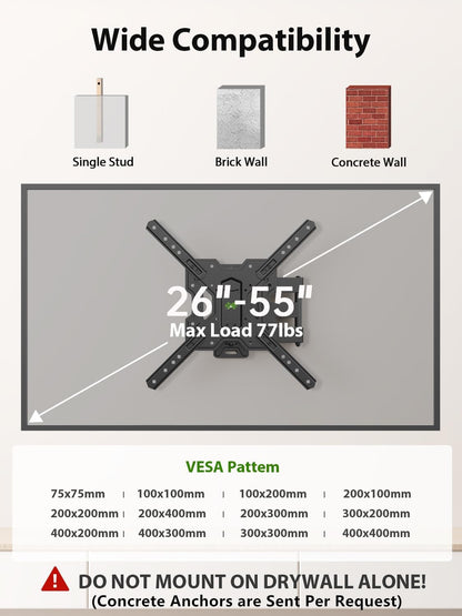 USX MOUNT Full Motion TV Wall Mount for 26-55 Inch TVs up to 77 Lbs, Articulating TV Mount with Perfect Center Design, Single Stud Wall Mount TV Bracket, Max VESA 400x400mm