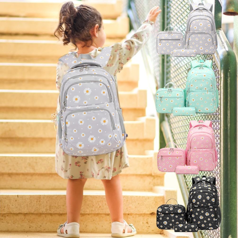 3Pcs Daisy Prints Backpack for Girls Bookbag set Primary School Daypack Elementary Students Knapsack with Lunch Box
