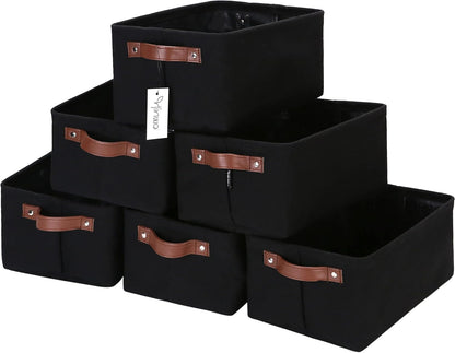 Hinwo 6-Pack Small Canvas Fabric Storage Baskets Set with Handles, Open Storage Bins, Cube Storage Organizer, Shelf Organizer Bins for Closet, 7.9L, 12 x 8 x 5 Inches, Grey Stripe
