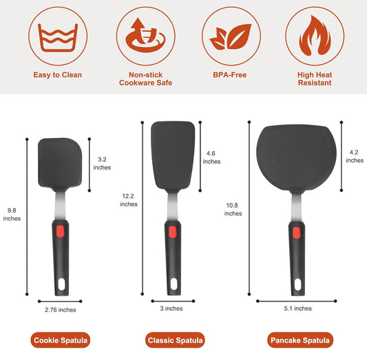 Hotec 3-Pack Silicone Spatula Turner Set – Heat-Resistant 600°F Flexible Cooking Utensils for Nonstick Cookware, Ideal for Flipping Eggs, Burgers, Pancakes, Crepes - PuriLite
