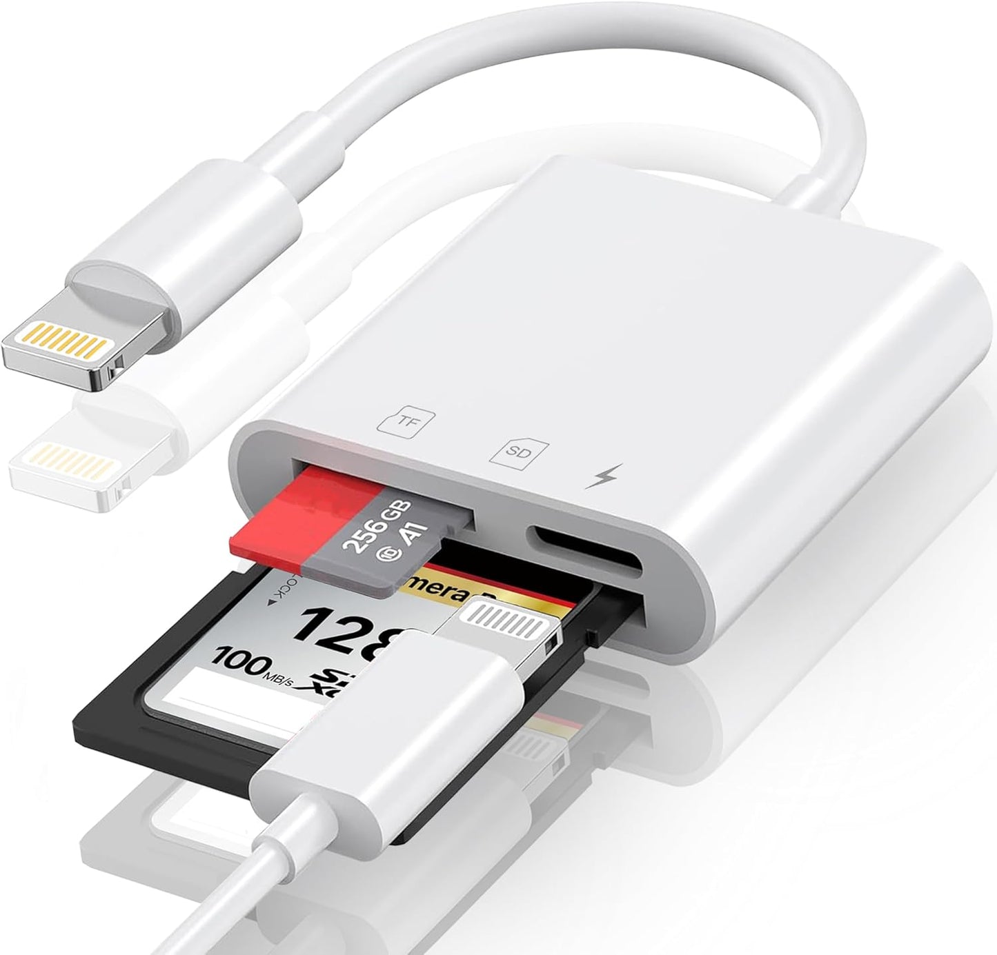 Lightning to Sd Card Reader for iPhone Camera, [Apple MFi Certified] Dual Card Slot Memory Card Readers Supports SD and TF Card, Plug and Play Sd Card Adapter Compatible with iPhone