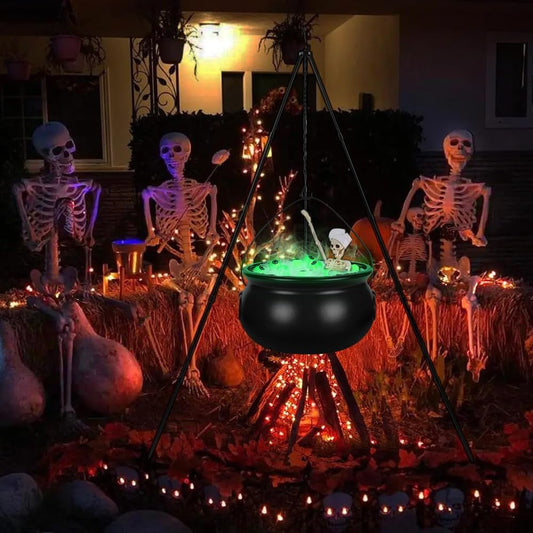 130CM Halloween Decorations Outdoor, Witches Cauldron for Yard Decorations,Halloween Decorations Indoor,Large Witches Cauldron on Tripod with Skeleton, Eyeballs String Lights for Patio Garden Lawn - PuriLite
