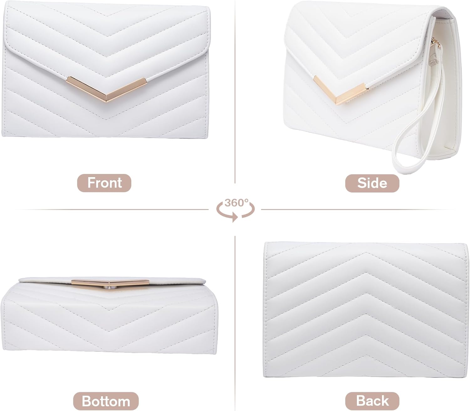 Larcenciel White Quilted Evening Clutch Bag, Elegant Envelope Vegan Leather Crossbody Purse for Women, Detachable Chain & Wristlet Strap, Formal Wedding Guest Bridal Prom Cocktail Party Handbag Wallet - PuriLite